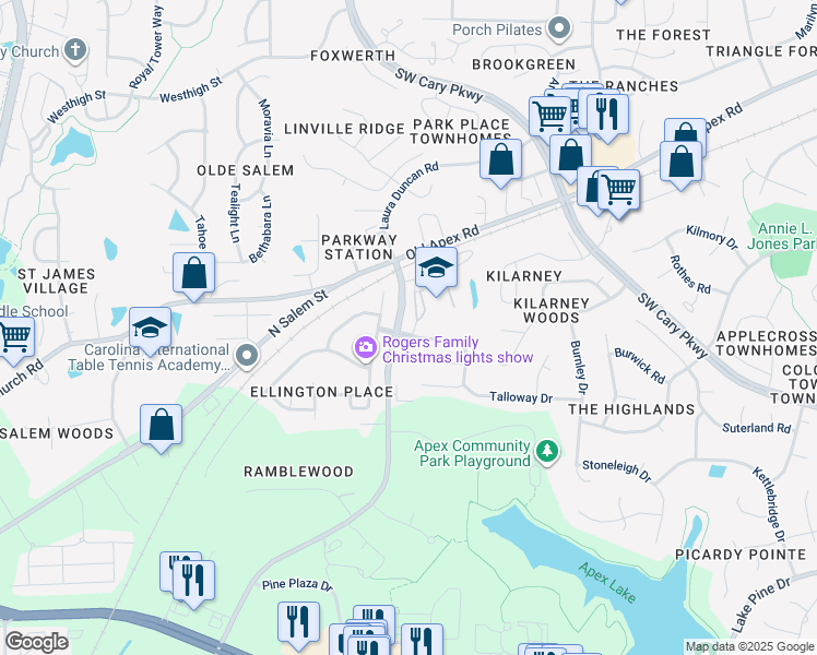 map of restaurants, bars, coffee shops, grocery stores, and more near 1605 Laurel Park Place in Cary
