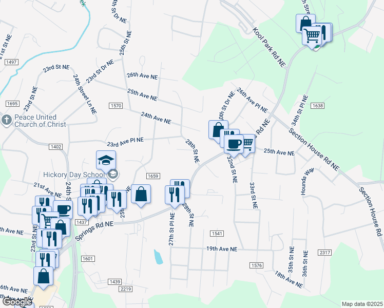 map of restaurants, bars, coffee shops, grocery stores, and more near 2335 28th Street Northeast in Hickory