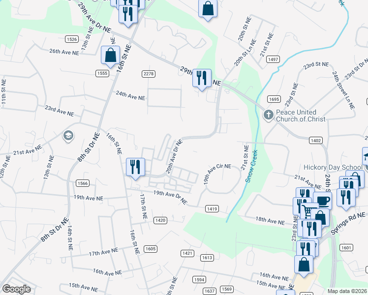 map of restaurants, bars, coffee shops, grocery stores, and more near 1866 20th Avenue Drive Northeast in Hickory