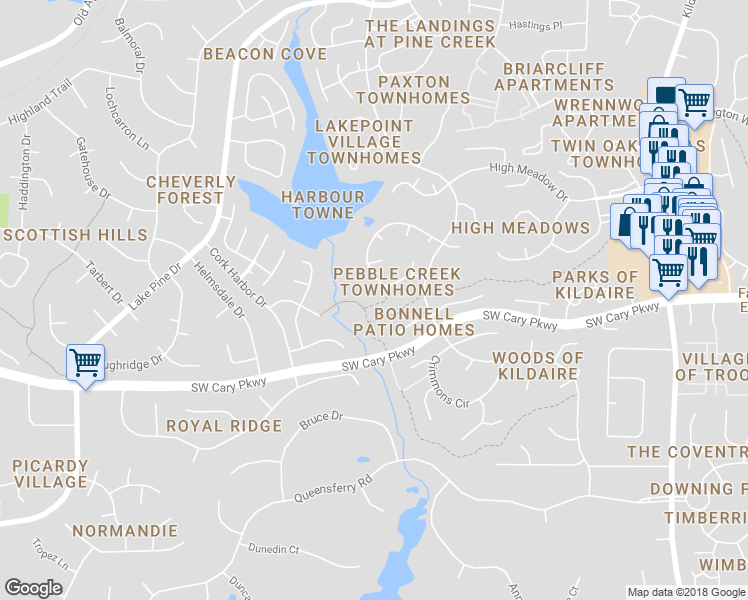 map of restaurants, bars, coffee shops, grocery stores, and more near 114 Bogue Court in Cary