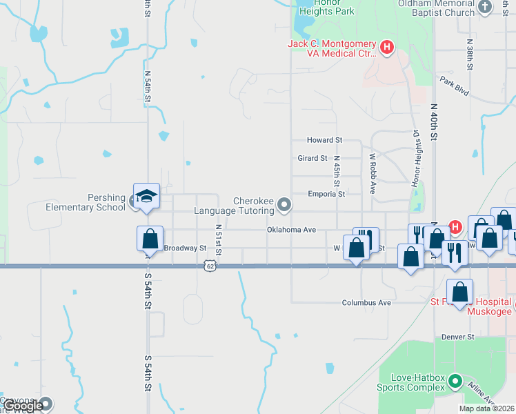 map of restaurants, bars, coffee shops, grocery stores, and more near 4910 Denison Street in Muskogee