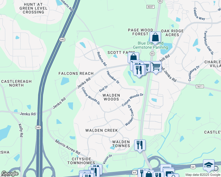 map of restaurants, bars, coffee shops, grocery stores, and more near 2003 Fitchburg Ct in Apex