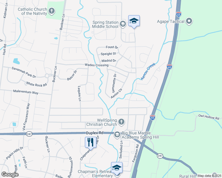 map of restaurants, bars, coffee shops, grocery stores, and more near 3022 Sommette Drive in Spring Hill