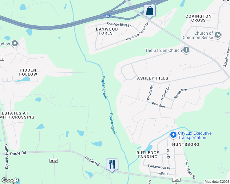 map of restaurants, bars, coffee shops, grocery stores, and more near 410 Pine Run in Knightdale