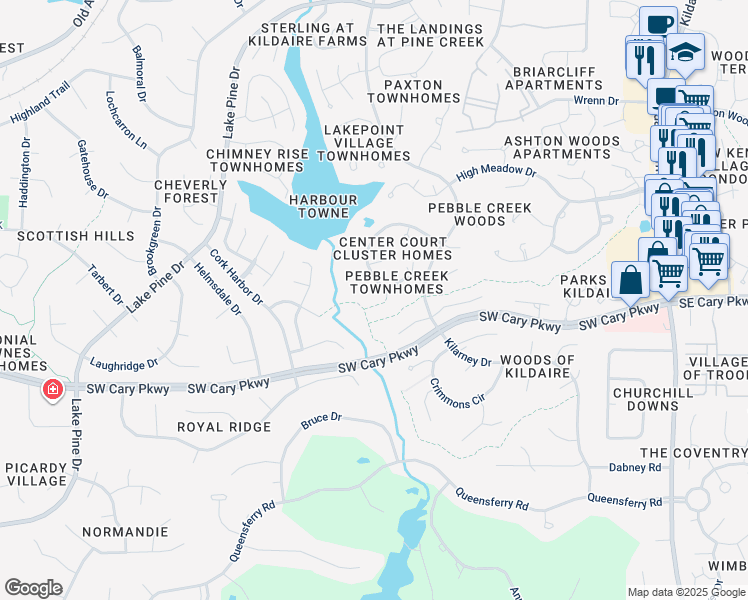 map of restaurants, bars, coffee shops, grocery stores, and more near 114 Bogue Court in Cary