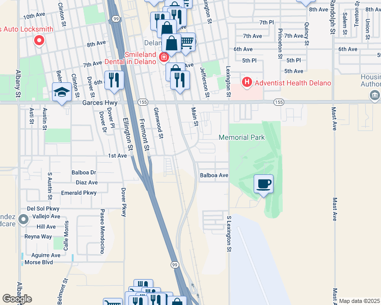 map of restaurants, bars, coffee shops, grocery stores, and more near 105 High Street in Delano