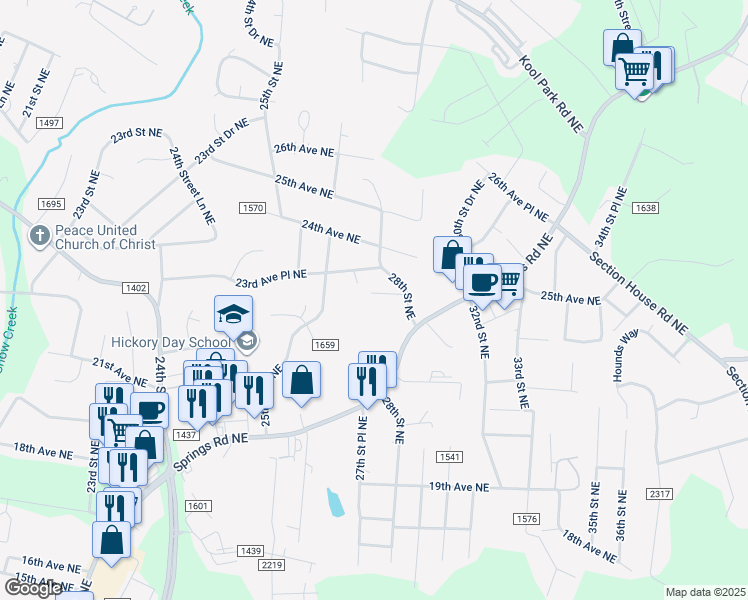 map of restaurants, bars, coffee shops, grocery stores, and more near 2748 23rd Avenue Court Northeast in Hickory