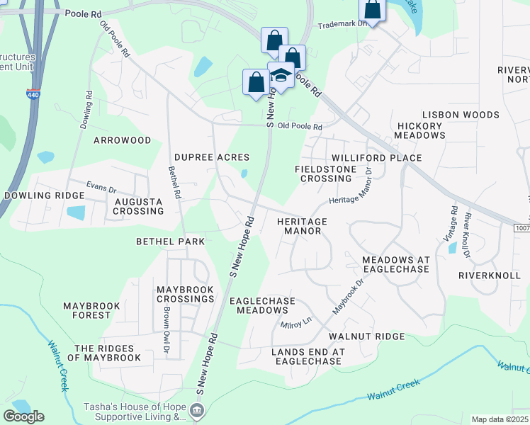 map of restaurants, bars, coffee shops, grocery stores, and more near 1501 Eva Mae Drive in Raleigh