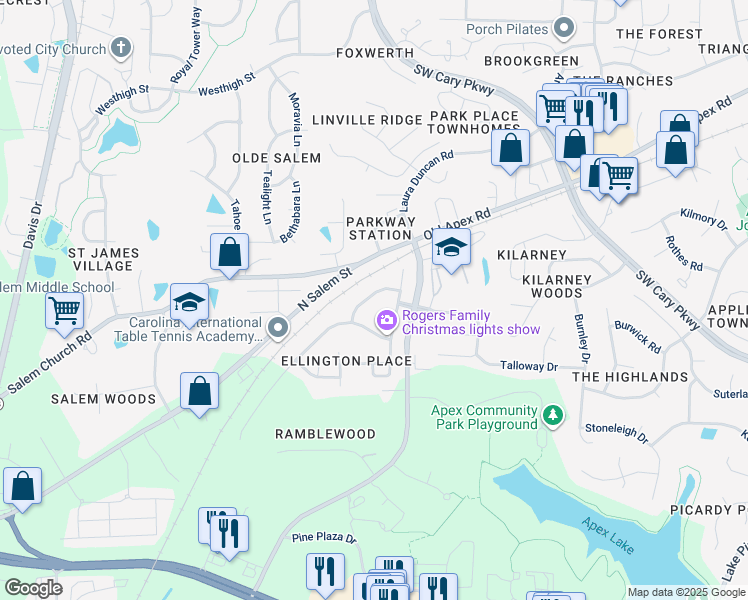 map of restaurants, bars, coffee shops, grocery stores, and more near 729 Blossom Bay Lane in Apex
