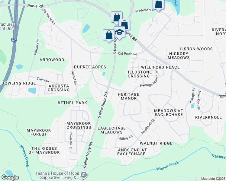 map of restaurants, bars, coffee shops, grocery stores, and more near 1501 Eva Mae Drive in Raleigh