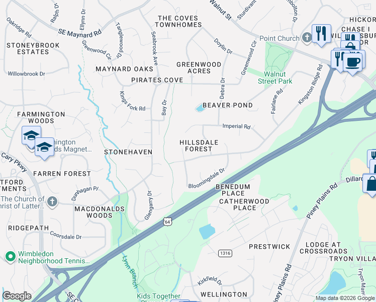 map of restaurants, bars, coffee shops, grocery stores, and more near 1506 Bloomingdale Drive in Cary