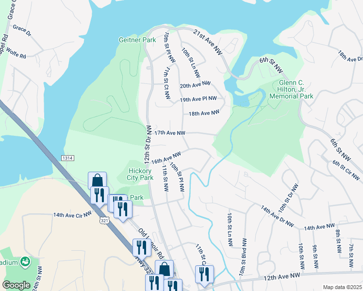 map of restaurants, bars, coffee shops, grocery stores, and more near 1643 10th Street Place Northwest in Hickory