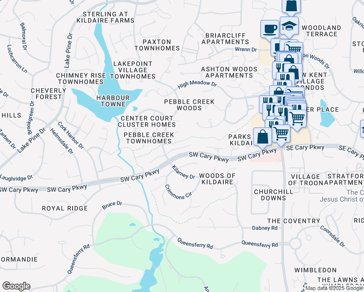map of restaurants, bars, coffee shops, grocery stores, and more near 141 Carmichael Court in Cary