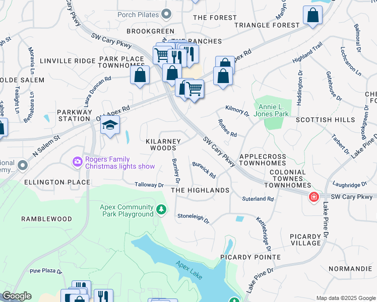 map of restaurants, bars, coffee shops, grocery stores, and more near 1101 Broadford Drive in Cary