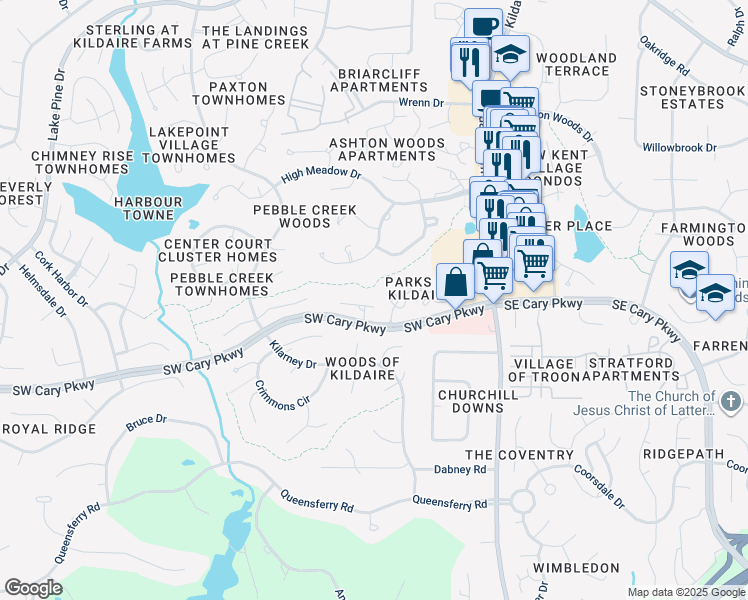 map of restaurants, bars, coffee shops, grocery stores, and more near 111 Concannon Court in Cary