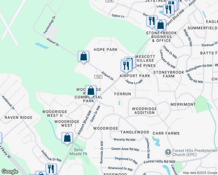 map of restaurants, bars, coffee shops, grocery stores, and more near Airport Blvd NW in Wilson