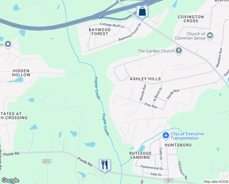 map of restaurants, bars, coffee shops, grocery stores, and more near 410 Pine Run in Knightdale