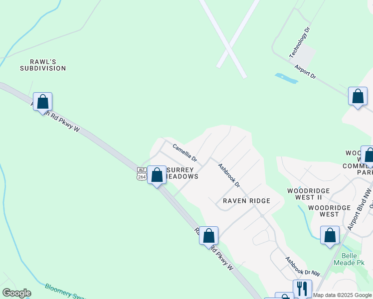 map of restaurants, bars, coffee shops, grocery stores, and more near 4310 Camellia Drive in Wilson