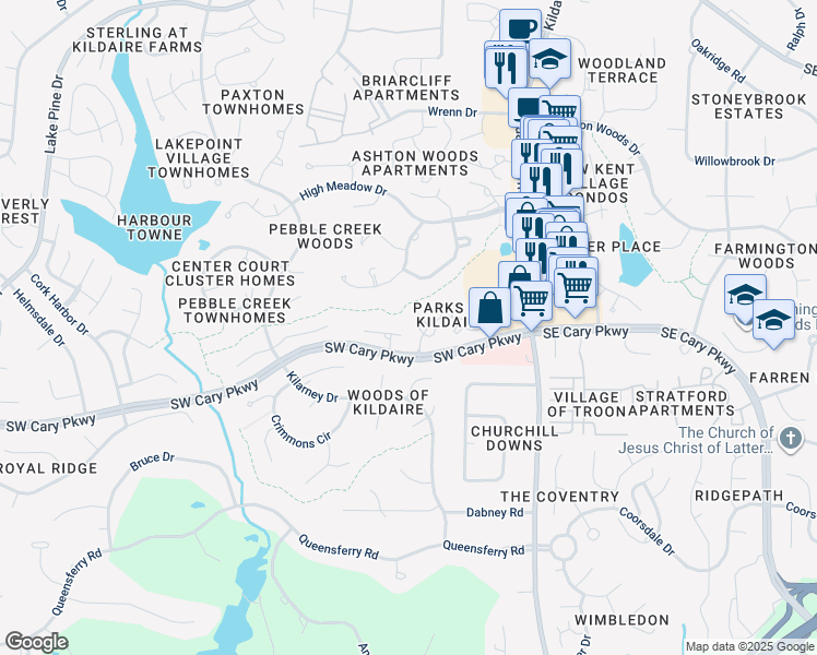 map of restaurants, bars, coffee shops, grocery stores, and more near 117 Clancy Circle in Cary