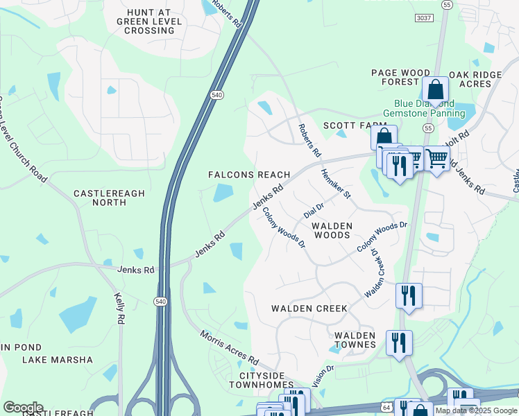 map of restaurants, bars, coffee shops, grocery stores, and more near 2702 Colony Woods Drive in Apex