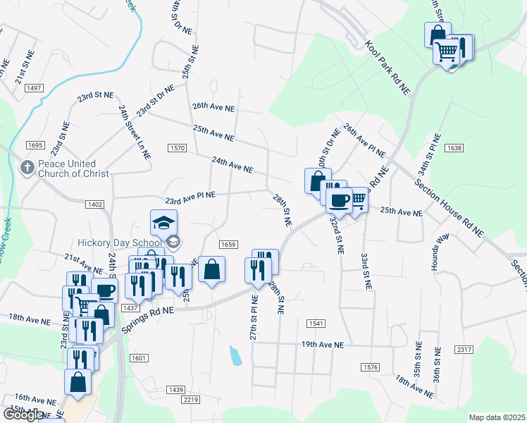 map of restaurants, bars, coffee shops, grocery stores, and more near 2748 23rd Avenue Court Northeast in Hickory