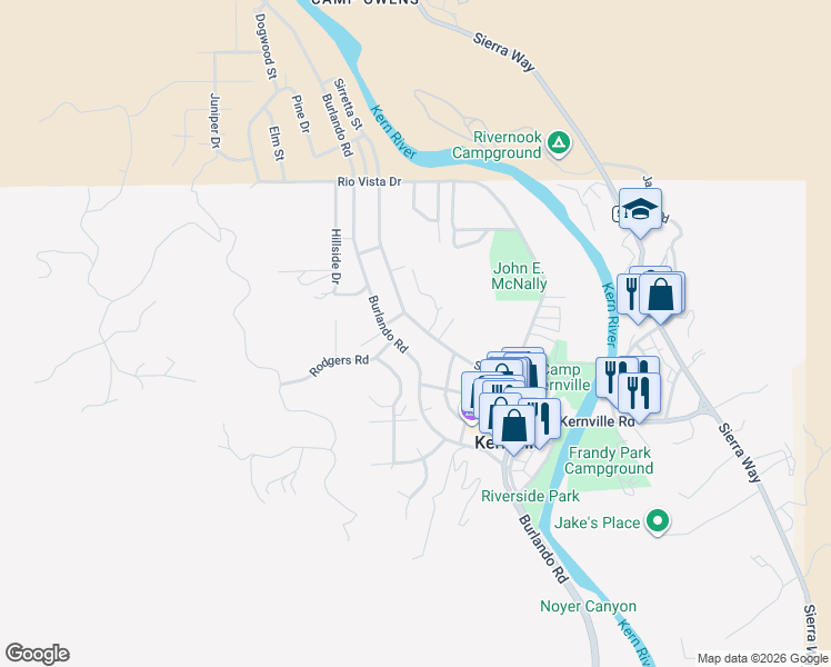 map of restaurants, bars, coffee shops, grocery stores, and more near 22 Monache Drive in Kernville