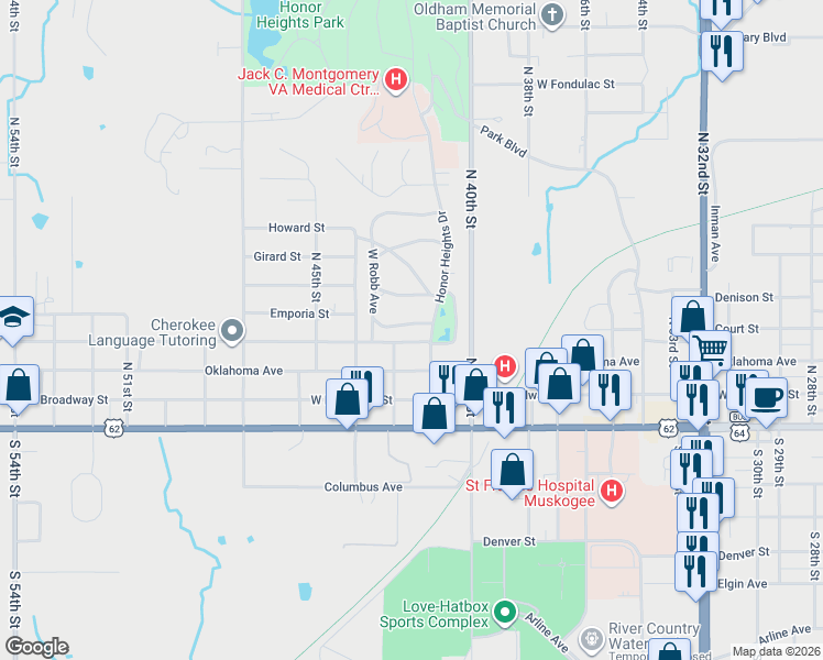 map of restaurants, bars, coffee shops, grocery stores, and more near 4108 South Robb Avenue in Muskogee