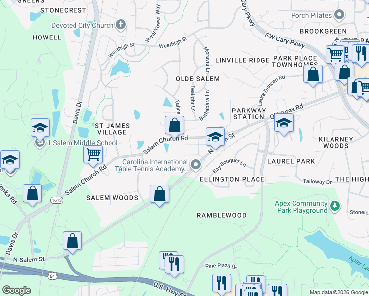 map of restaurants, bars, coffee shops, grocery stores, and more near 857 New Derby Lane in Apex