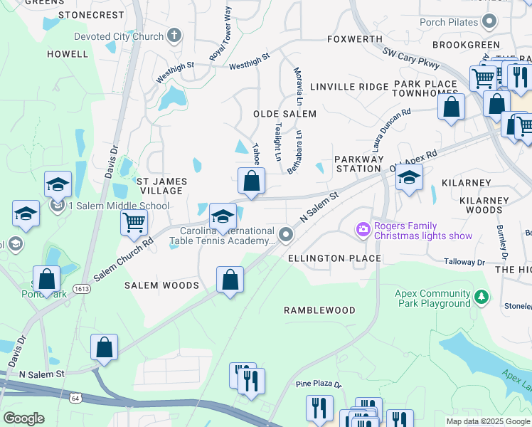 map of restaurants, bars, coffee shops, grocery stores, and more near 857 New Derby Lane in Apex