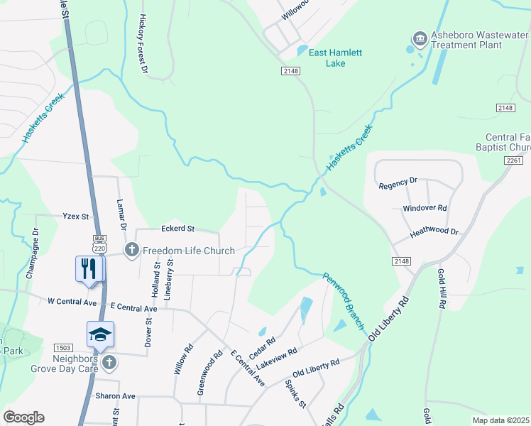 map of restaurants, bars, coffee shops, grocery stores, and more near 518 Kelly Circle in Asheboro