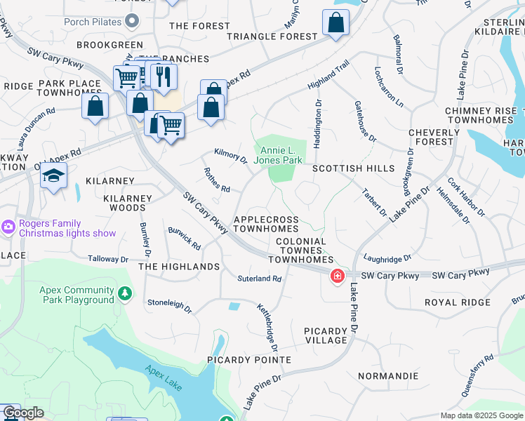 map of restaurants, bars, coffee shops, grocery stores, and more near 407 Applecross Drive in Cary