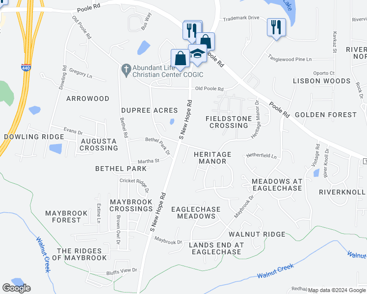map of restaurants, bars, coffee shops, grocery stores, and more near 1501 Eva Mae Drive in Raleigh