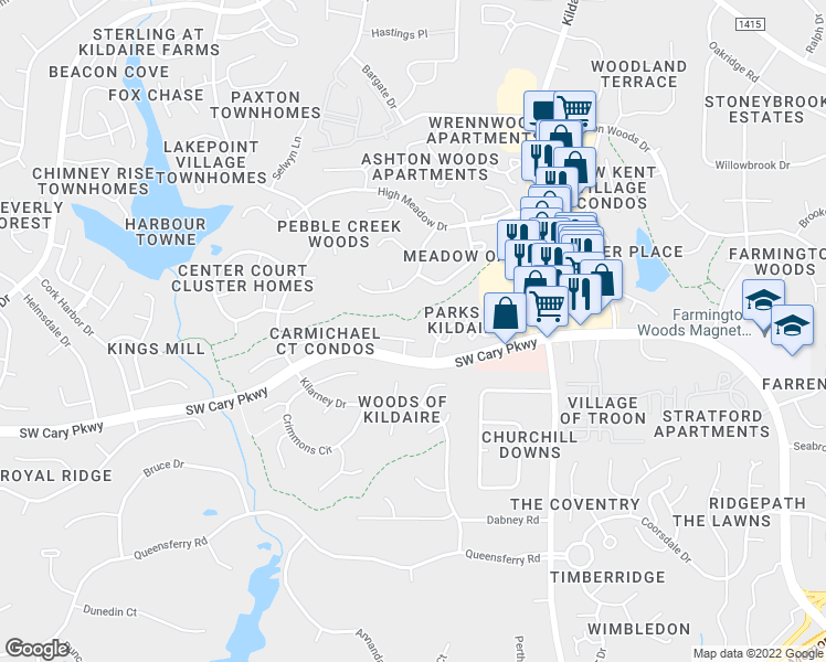 map of restaurants, bars, coffee shops, grocery stores, and more near 222 Concannon Court in Cary