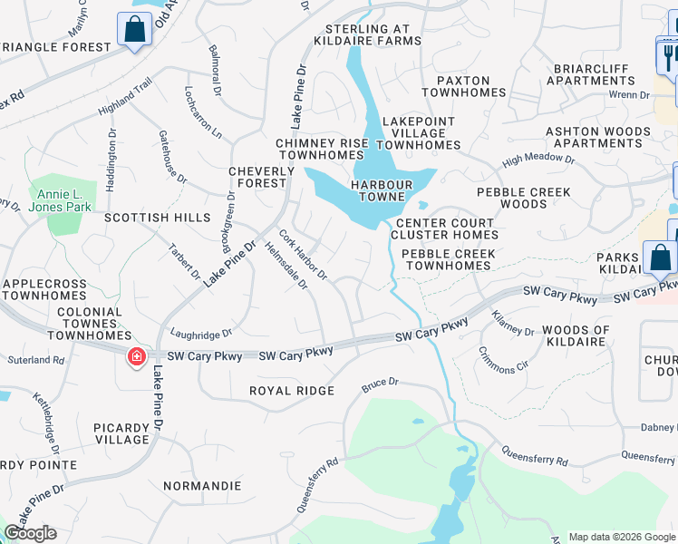 map of restaurants, bars, coffee shops, grocery stores, and more near 107 Keeton Lane in Cary