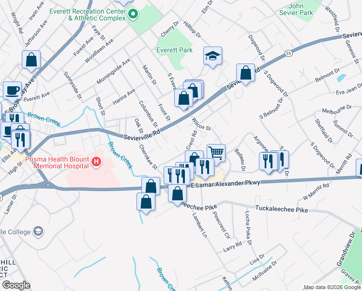 map of restaurants, bars, coffee shops, grocery stores, and more near 1881 Crest Road in Maryville