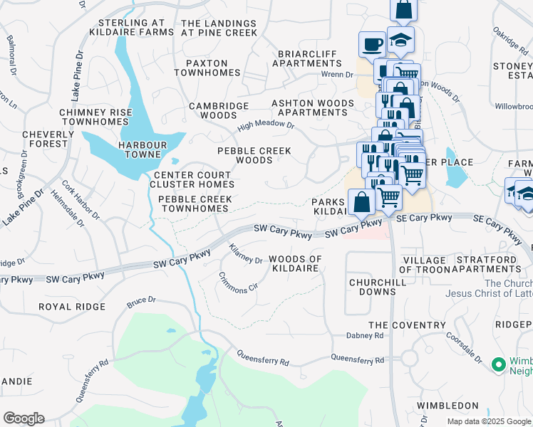 map of restaurants, bars, coffee shops, grocery stores, and more near 134 Carmichael Court in Cary
