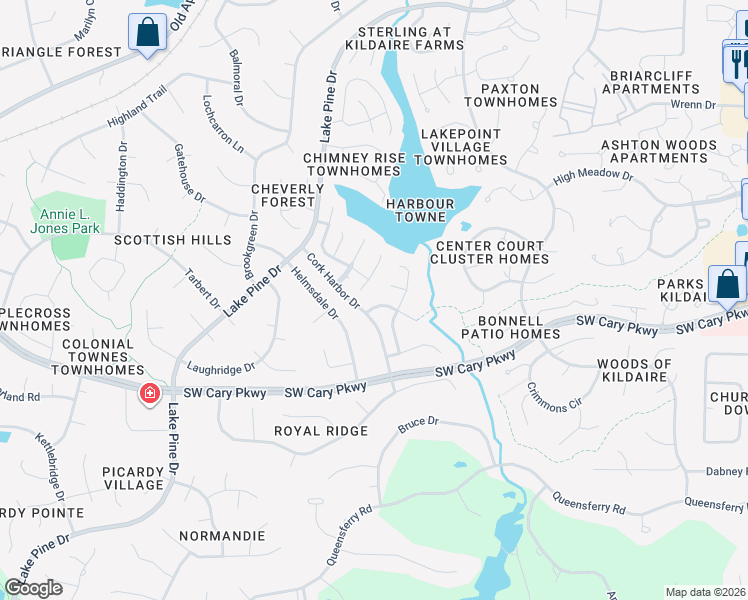 map of restaurants, bars, coffee shops, grocery stores, and more near 107 Keeton Lane in Cary