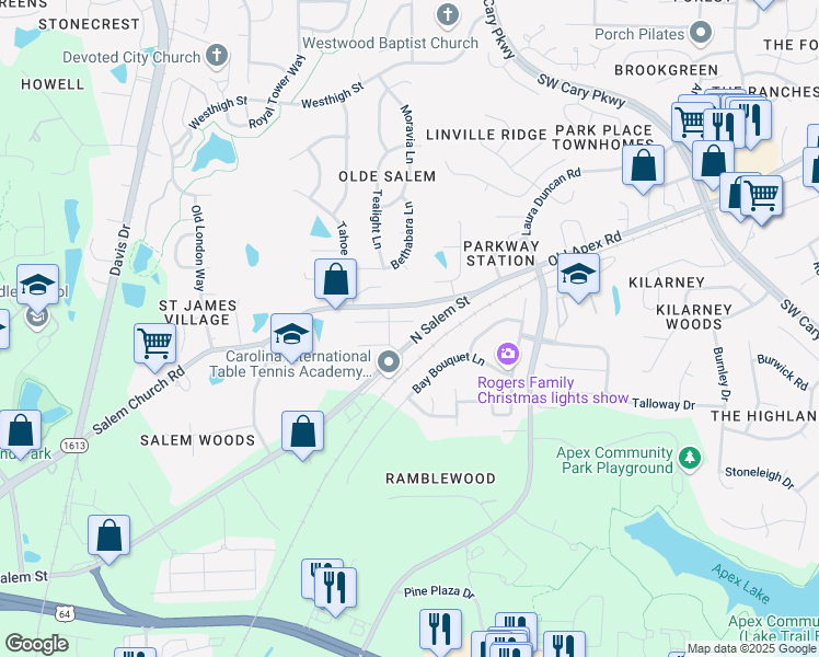 map of restaurants, bars, coffee shops, grocery stores, and more near 805 New Derby Lane in Apex