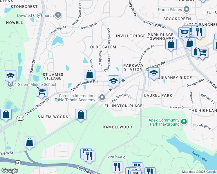 map of restaurants, bars, coffee shops, grocery stores, and more near 807 New Derby Lane in Apex