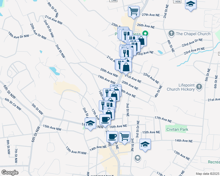 map of restaurants, bars, coffee shops, grocery stores, and more near 22 18th Avenue Drive Northwest in Hickory