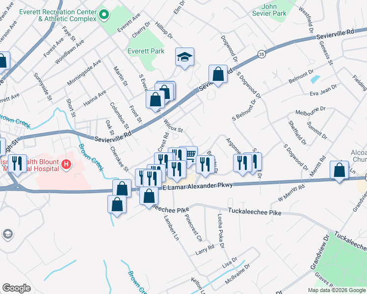 map of restaurants, bars, coffee shops, grocery stores, and more near 1716 Shetland Place in Maryville