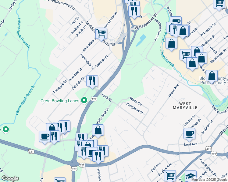 map of restaurants, bars, coffee shops, grocery stores, and more near 538 Winona Circle in Maryville
