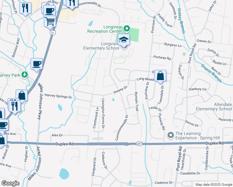 map of restaurants, bars, coffee shops, grocery stores, and more near 2271 Dewey Drive in Spring Hill