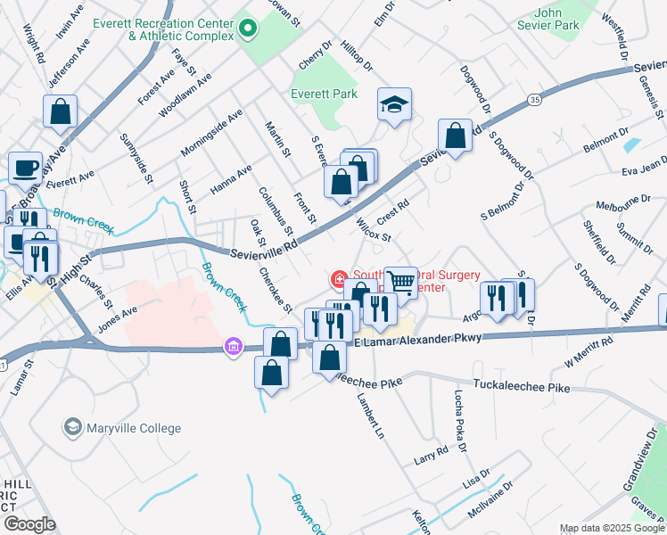 map of restaurants, bars, coffee shops, grocery stores, and more near 1869 Crest Road in Maryville