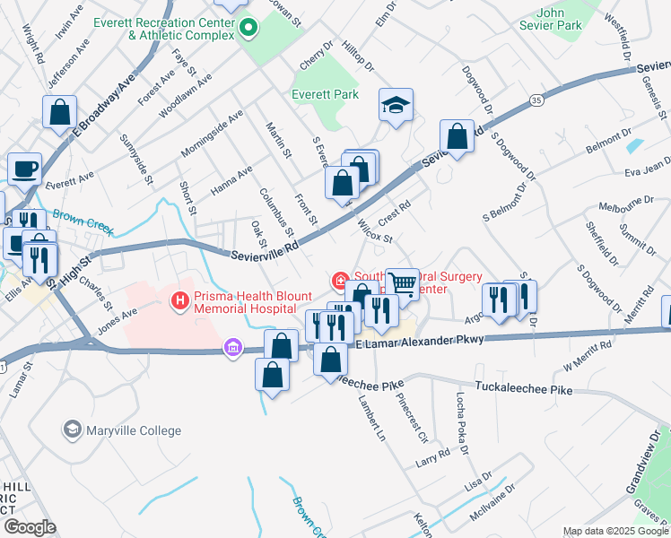 map of restaurants, bars, coffee shops, grocery stores, and more near 1869 Crest Road in Maryville