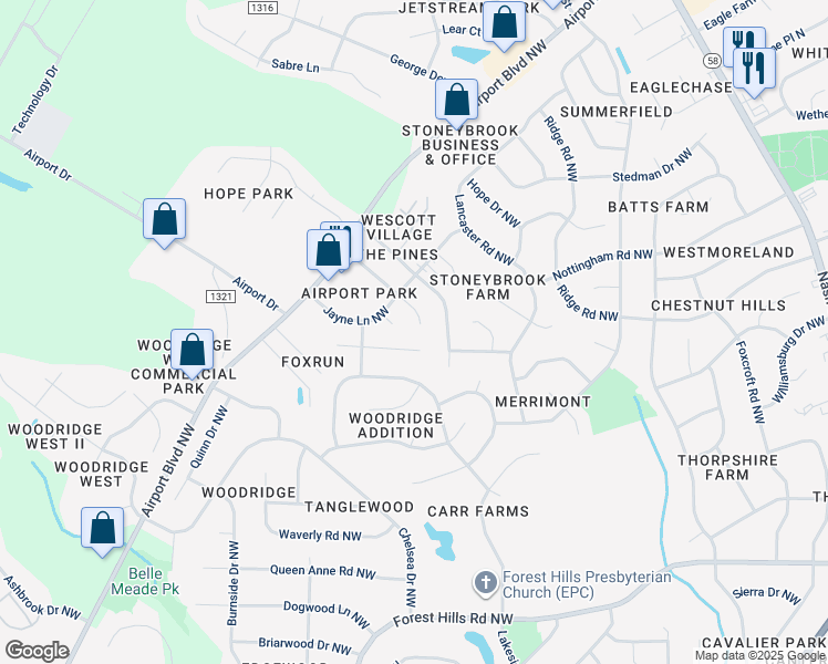 map of restaurants, bars, coffee shops, grocery stores, and more near 3511 Pear Tree Ct NW in Wilson