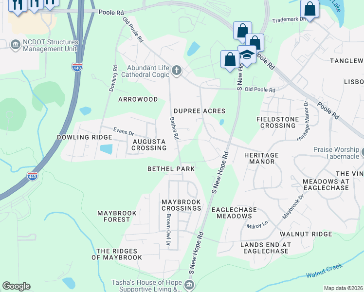 map of restaurants, bars, coffee shops, grocery stores, and more near 1419 Bethel Road in Raleigh
