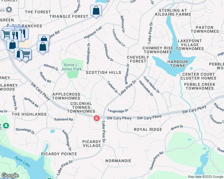 map of restaurants, bars, coffee shops, grocery stores, and more near 1272 Tarbert Drive in Cary
