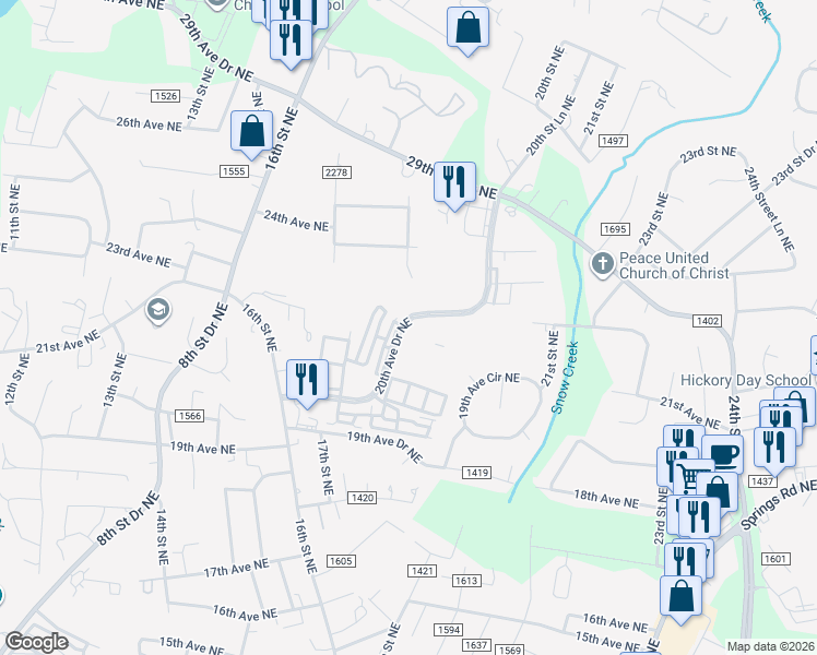 map of restaurants, bars, coffee shops, grocery stores, and more near 1850 20th Avenue Drive Northeast in Hickory