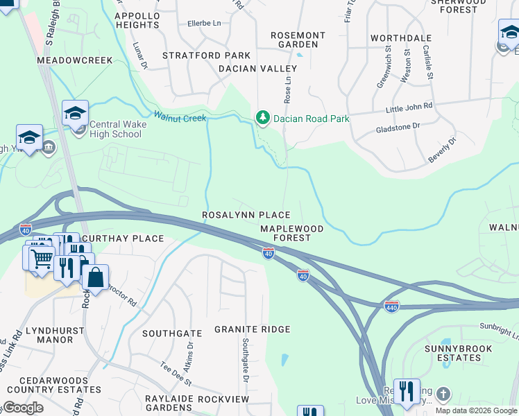 map of restaurants, bars, coffee shops, grocery stores, and more near 2418 Jimmy Carter Way in Raleigh